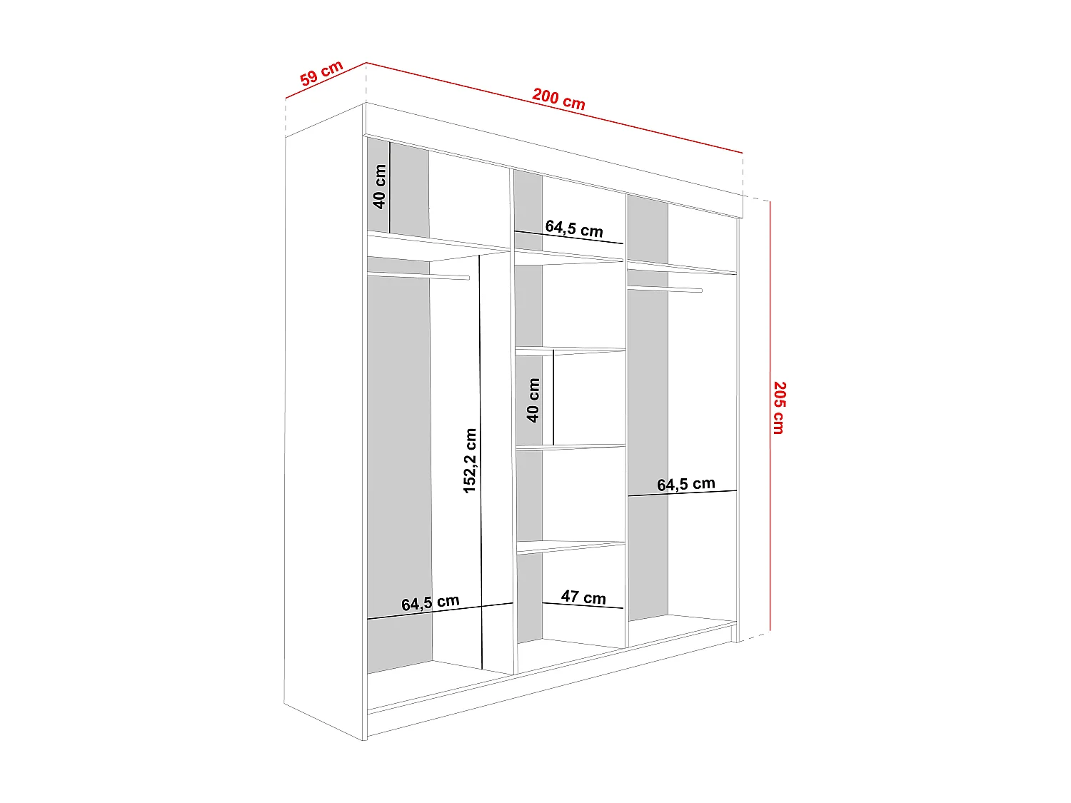 Armoire coulissante avec miroir et lames MALANI 200 - Chêne Craft Doré