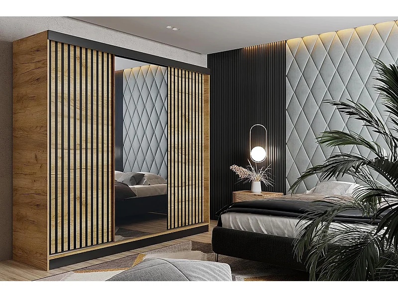 Armoire coulissante avec miroir et lames MALANI 200 - Chêne Craft Doré