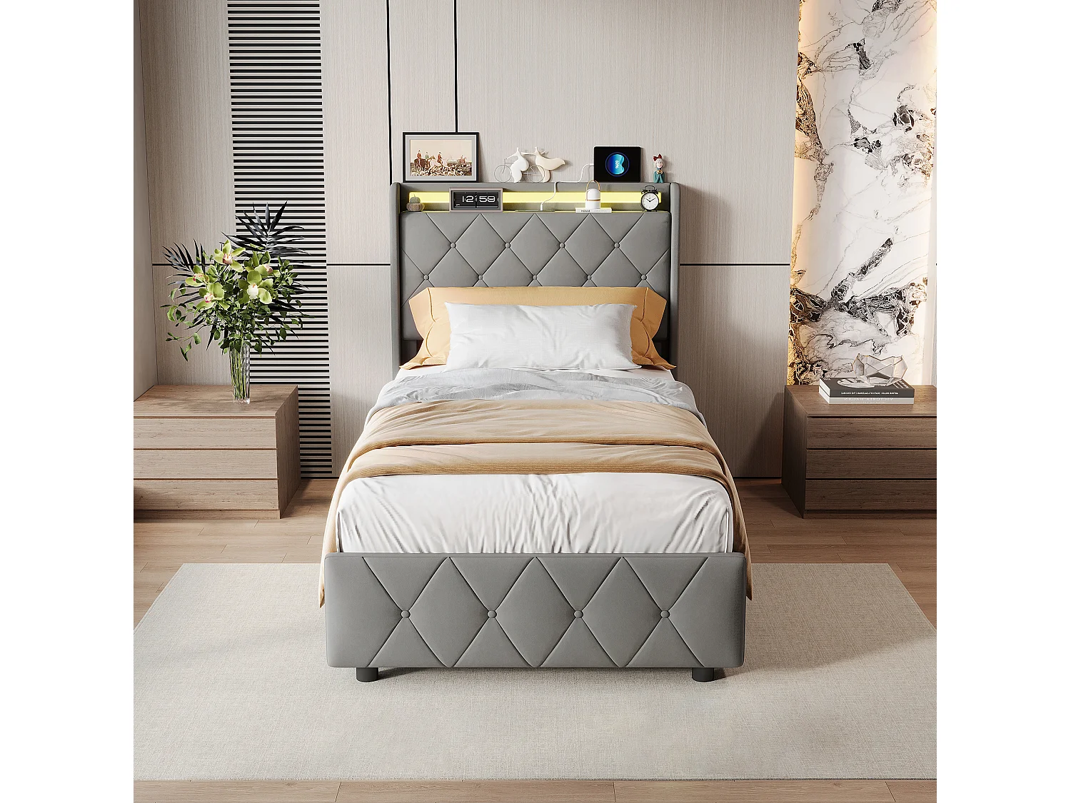 Lit 90x200 avec tiroirs, lit adulte, lit rembourré, sommier à lattes, éclairage LED, chargement USB, gris.