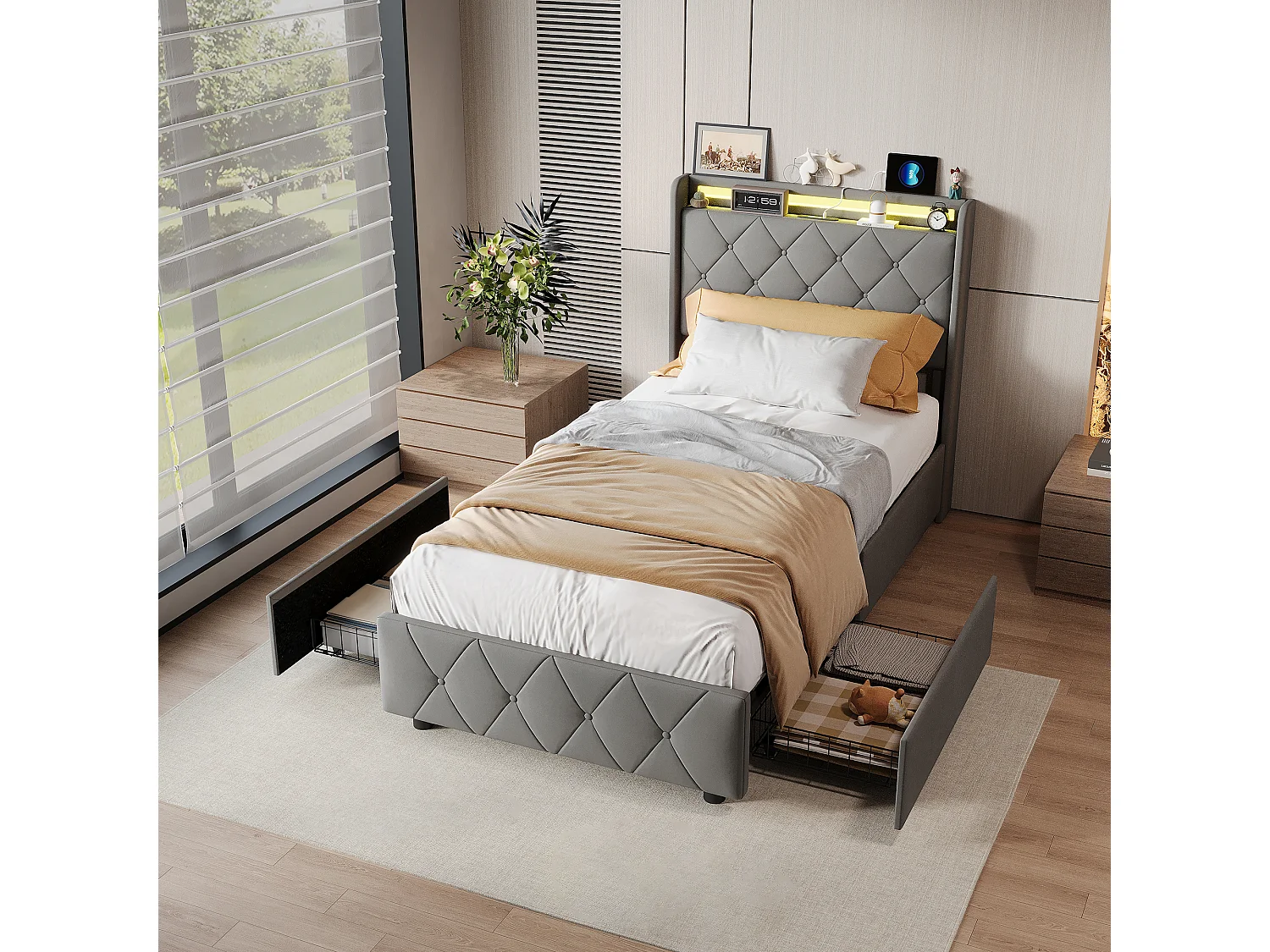 Lit 90x200 avec tiroirs, lit adulte, lit rembourré, sommier à lattes, éclairage LED, chargement USB, gris.