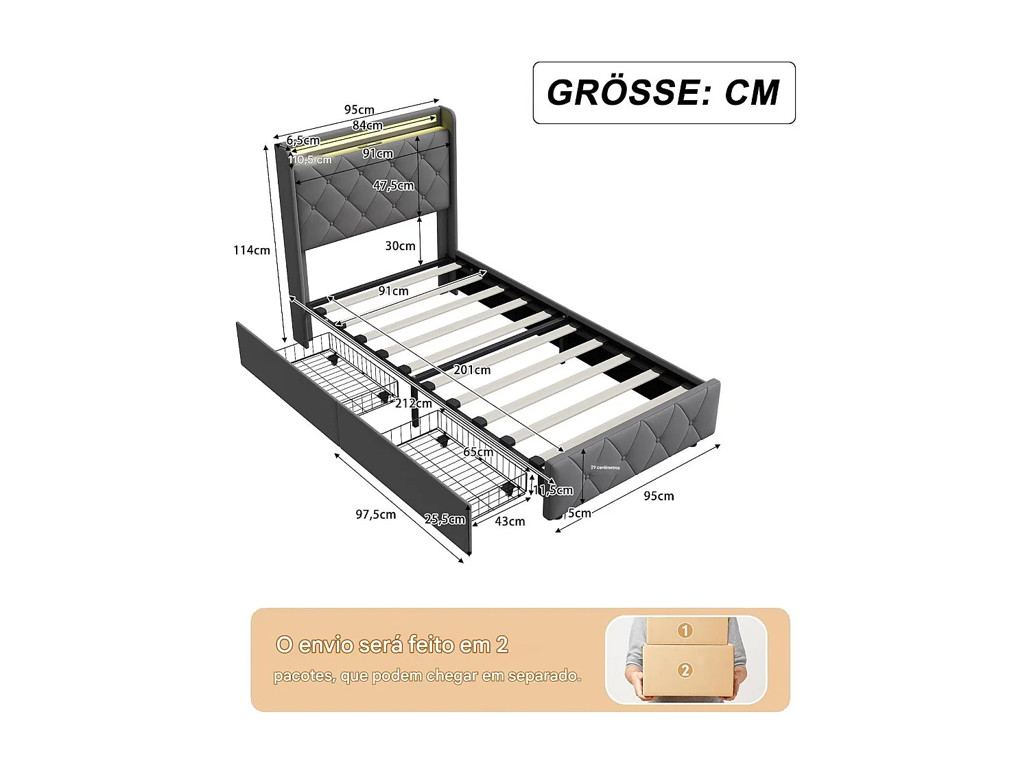 Lit 90x200 avec tiroirs, lit adulte, lit rembourré, sommier à lattes, éclairage LED, chargement USB, gris.