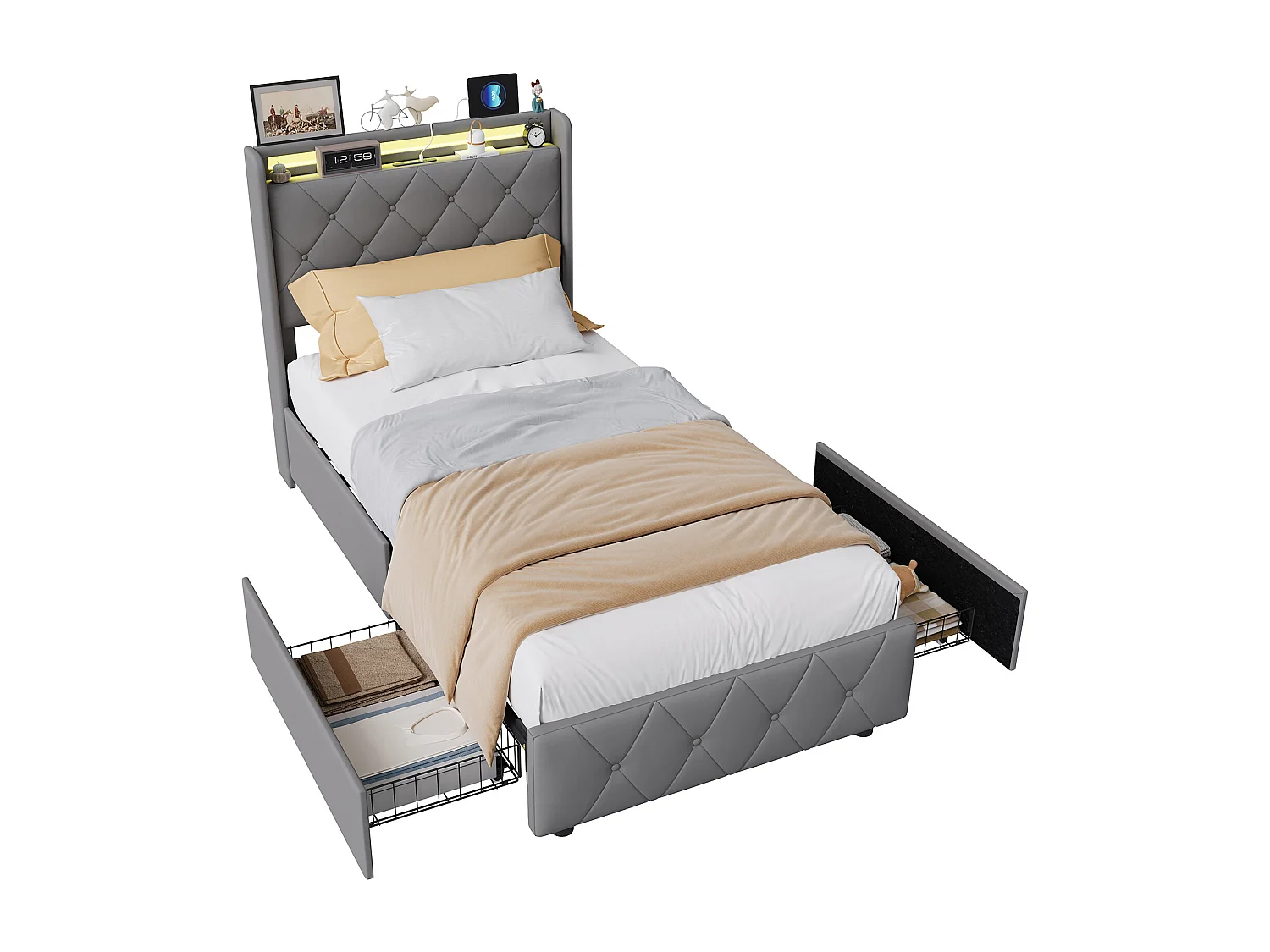 Lit 90x200 avec tiroirs, lit adulte, lit rembourré, sommier à lattes, éclairage LED, chargement USB, gris.