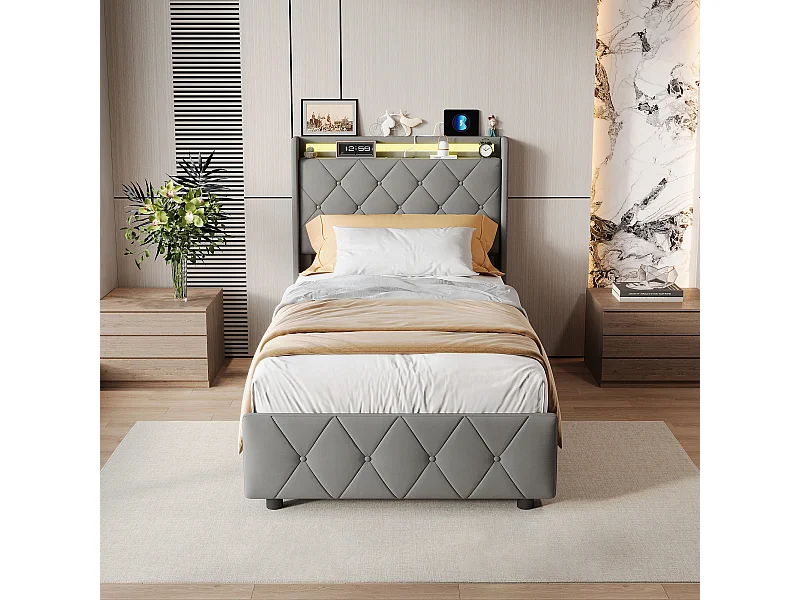 Lit 90x200 avec tiroirs, lit adulte, lit rembourré, sommier à lattes, éclairage LED, chargement USB, gris.