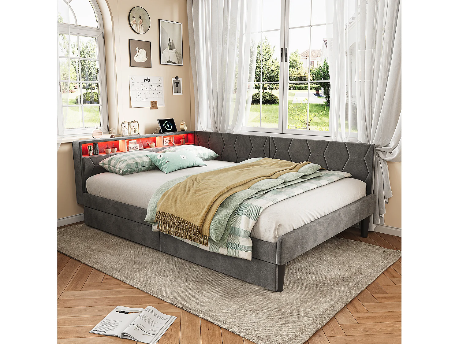 Lit 140x200 cm avec tête de lit, éclairage LED intégré, port USB, tiroir de rangement et sommier à lattes gris.