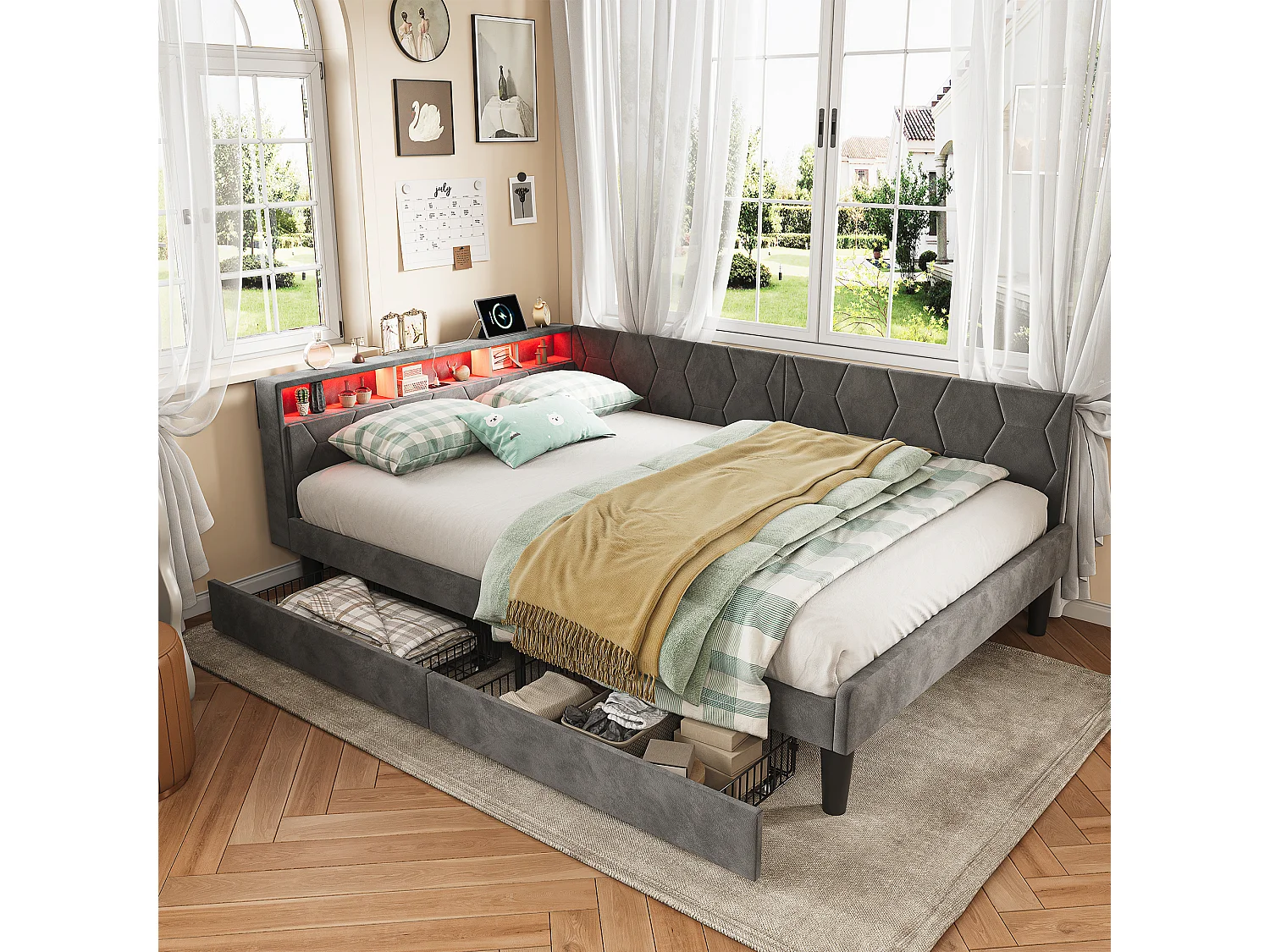 Lit 140x200 cm avec tête de lit, éclairage LED intégré, port USB, tiroir de rangement et sommier à lattes gris.