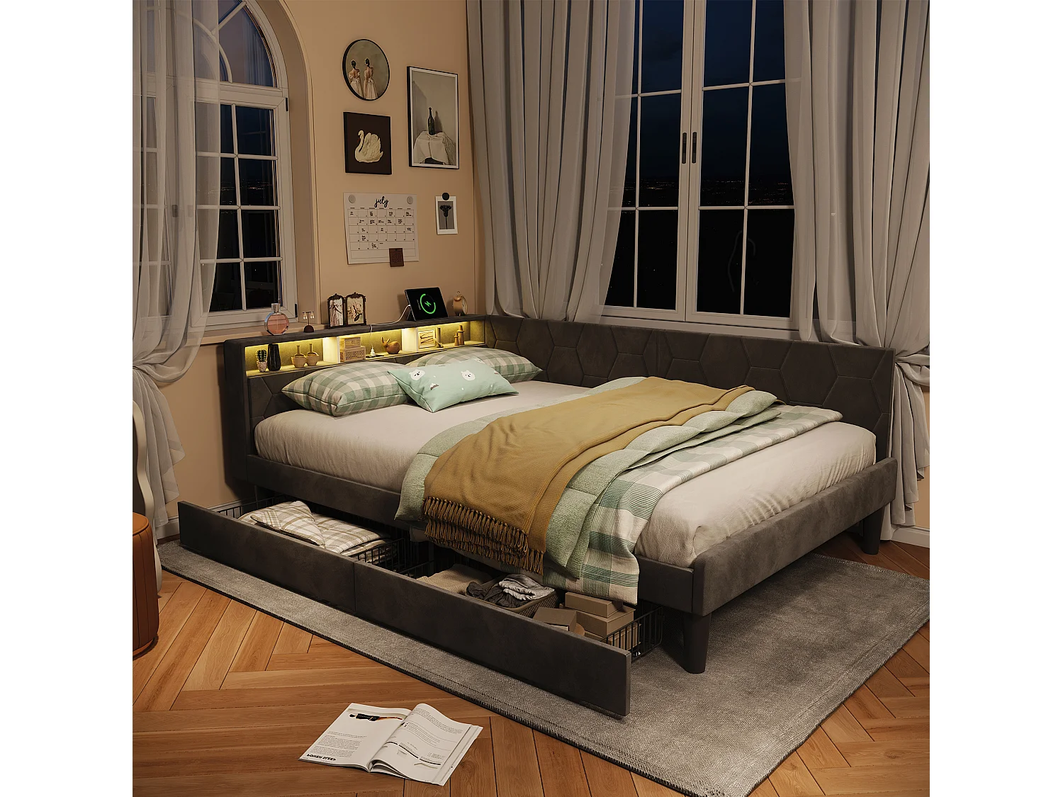Lit 140x200 cm avec tête de lit, éclairage LED intégré, port USB, tiroir de rangement et sommier à lattes gris.
