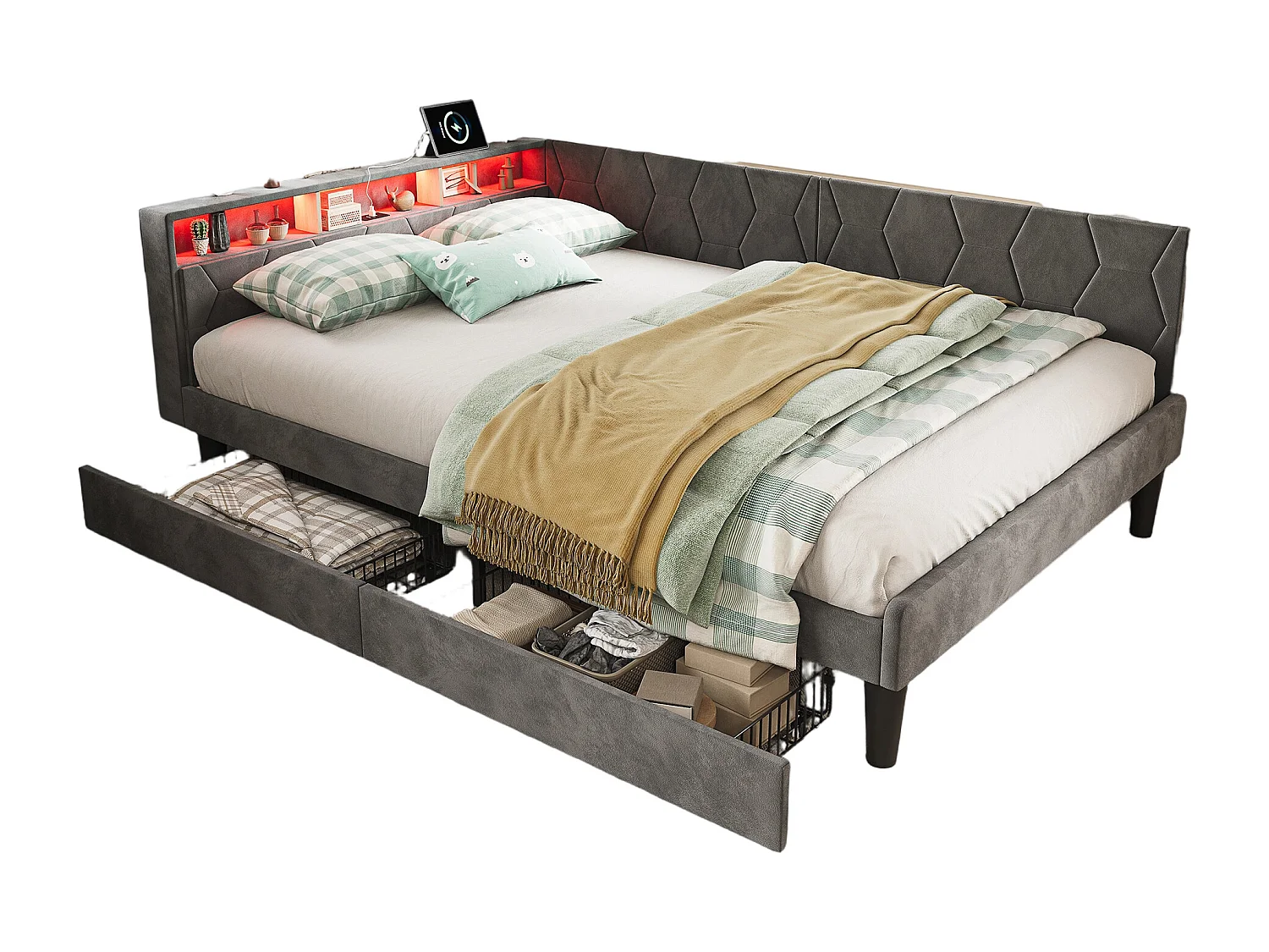 Lit 140x200 cm avec tête de lit, éclairage LED intégré, port USB, tiroir de rangement et sommier à lattes gris.