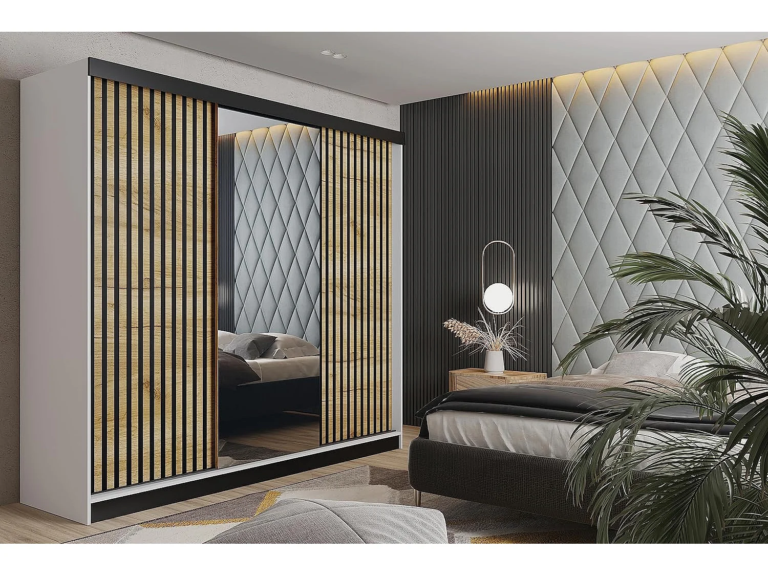 Schuifdeurkast met spiegel en lamellen MALANI 200 - Wit + Eiken Craft Goud