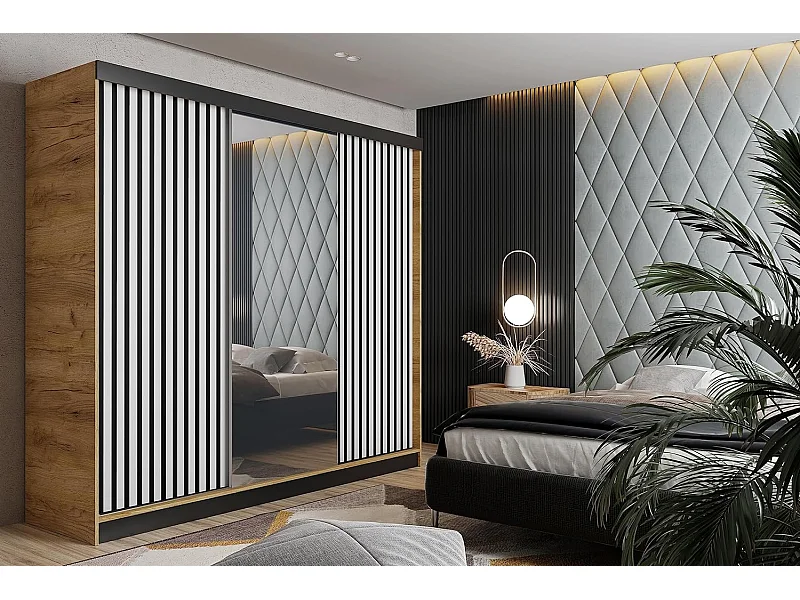 Schuifdeurkast met spiegel en lamellen MALANI 200 - Eiken Craft Goud + Wit