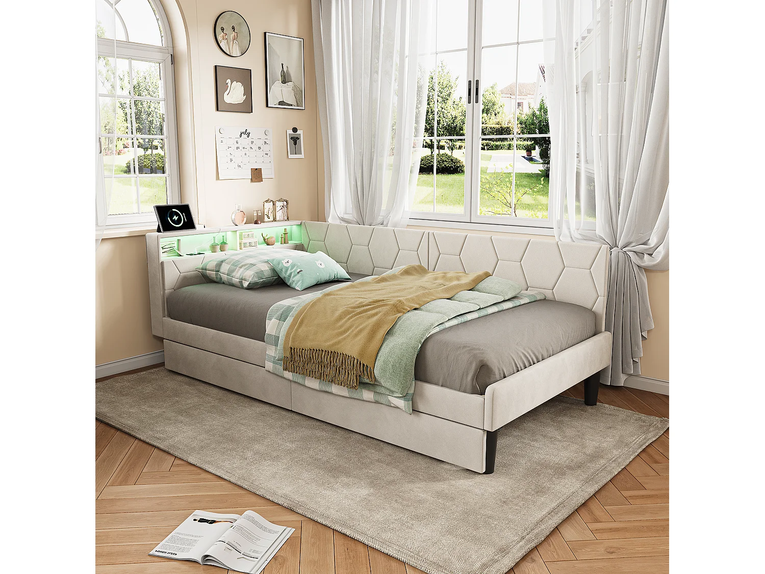Lit 90x200 cm avec tête de lit, éclairage LED intégré, port USB, tiroir de rangement et sommier à lattes beige.