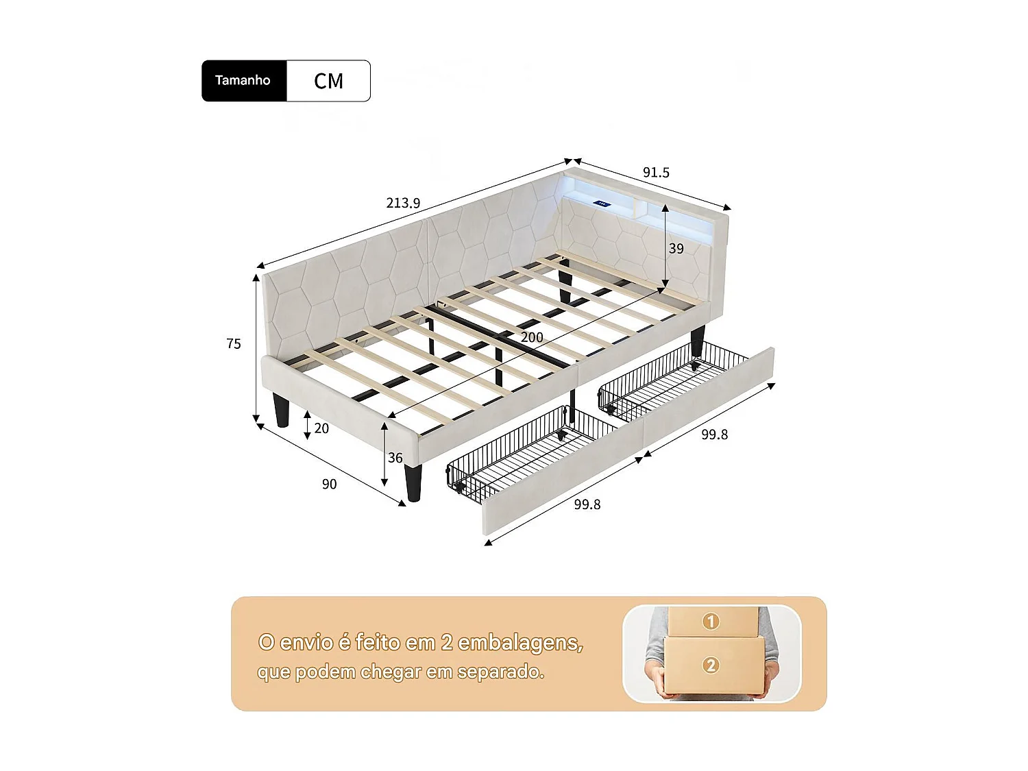 Lit 90x200 cm avec tête de lit, éclairage LED intégré, port USB, tiroir de rangement et sommier à lattes beige.