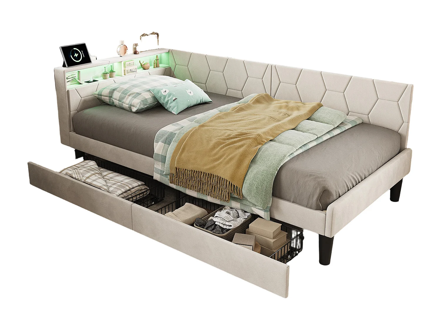 Lit 90x200 cm avec tête de lit, éclairage LED intégré, port USB, tiroir de rangement et sommier à lattes beige.