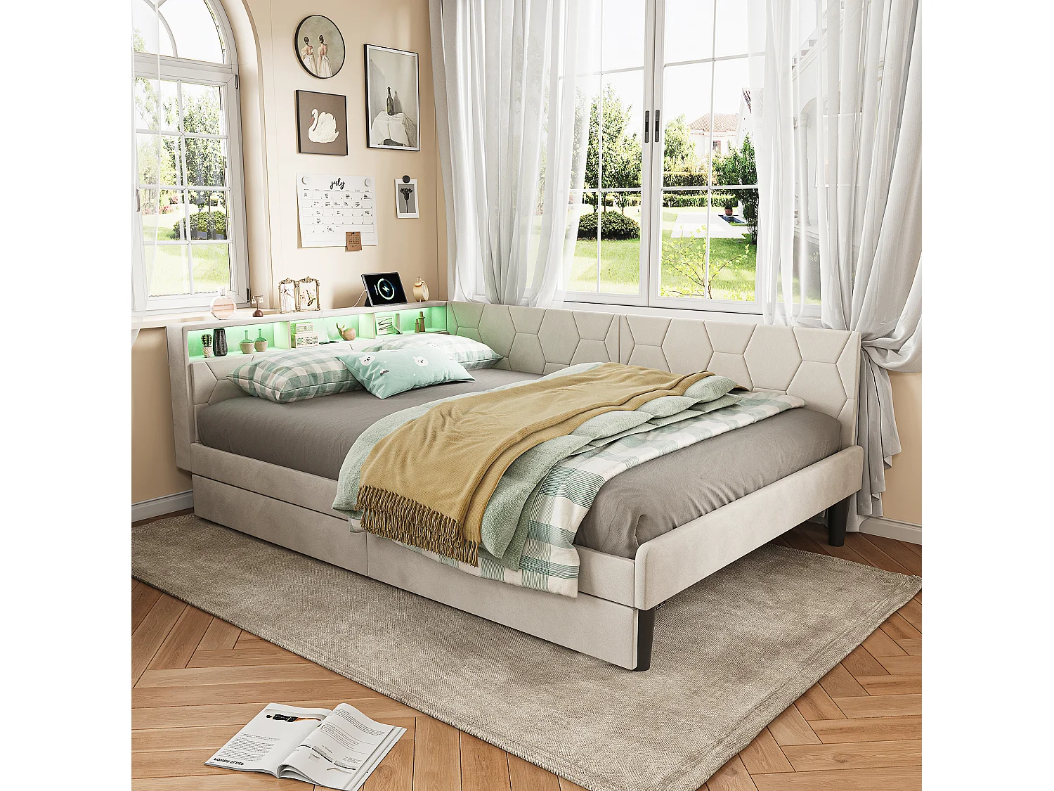 Lit 140x200 cm avec tête de lit, éclairage LED intégré, port USB, tiroir de rangement et sommier à lattes beige.