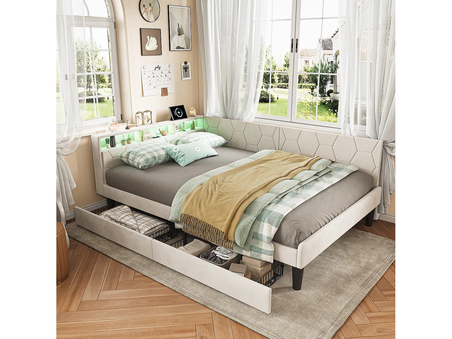 Lit 140x200 cm avec tête de lit, éclairage LED intégré, port USB, tiroir de rangement et sommier à lattes beige.