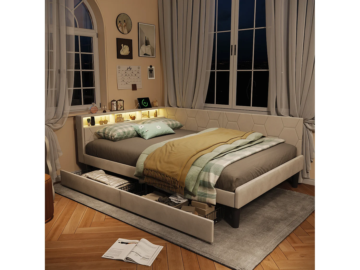 Lit 140x200 cm avec tête de lit, éclairage LED intégré, port USB, tiroir de rangement et sommier à lattes beige.