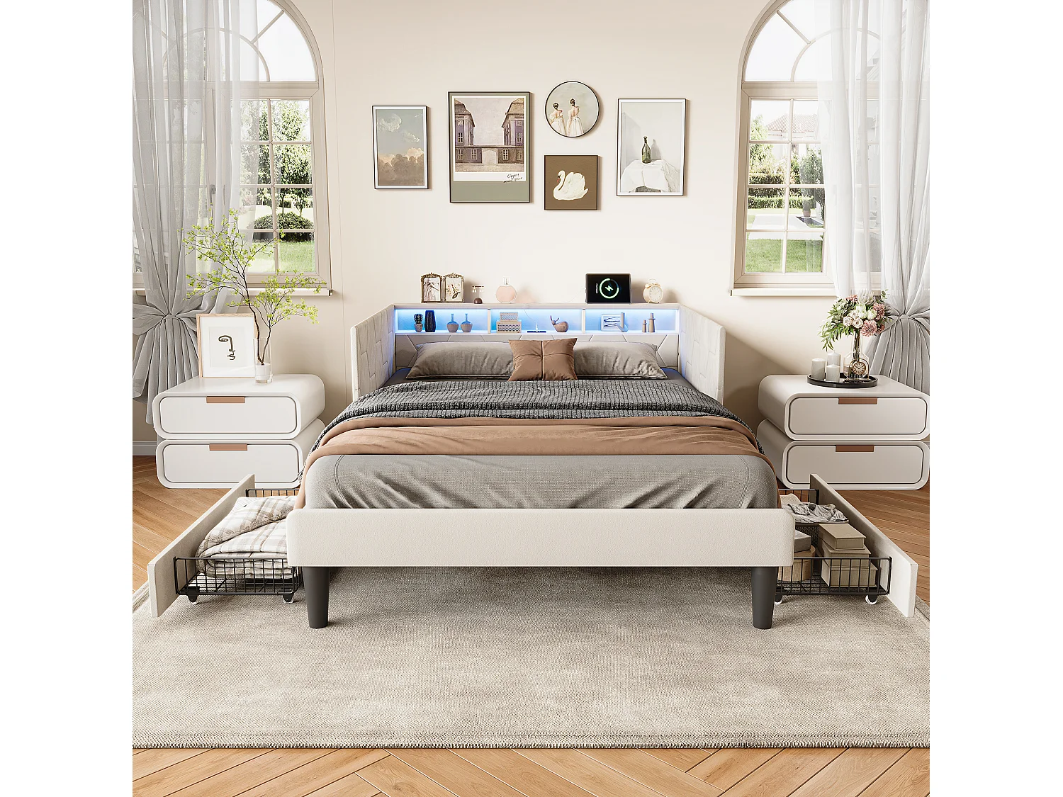 Lit 140x200 cm avec tête de lit, éclairage LED intégré, port USB, tiroir de rangement et sommier à lattes beige.