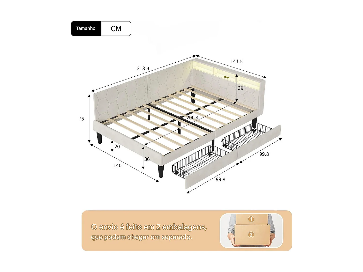 Lit 140x200 cm avec tête de lit, éclairage LED intégré, port USB, tiroir de rangement et sommier à lattes beige.