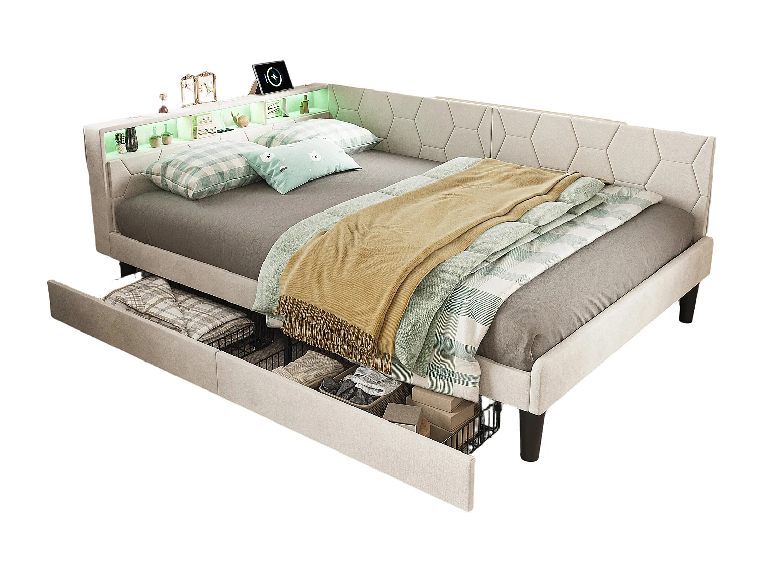 Lit 140x200 cm avec tête de lit, éclairage LED intégré, port USB, tiroir de rangement et sommier à lattes beige.