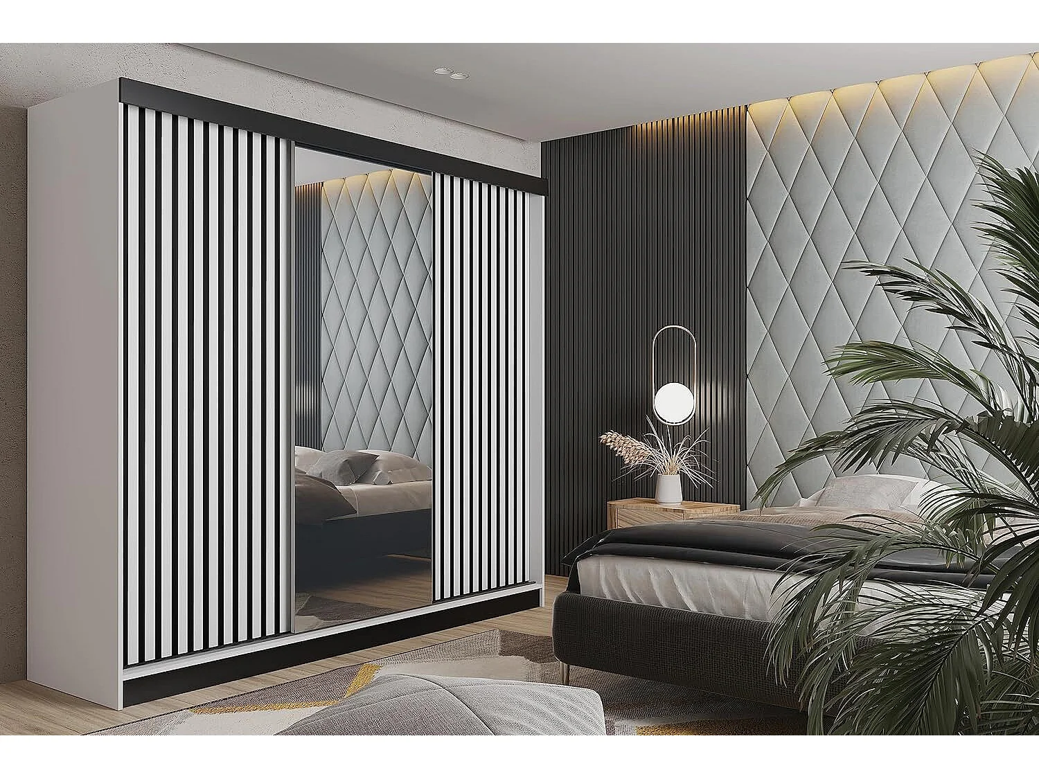 Armoire coulissante avec miroir et lames MALANI 200 - Blanche