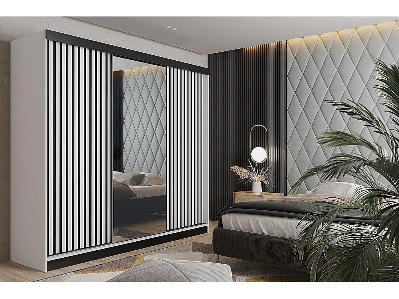 Armoire coulissante avec miroir et lames MALANI 200 - Blanche