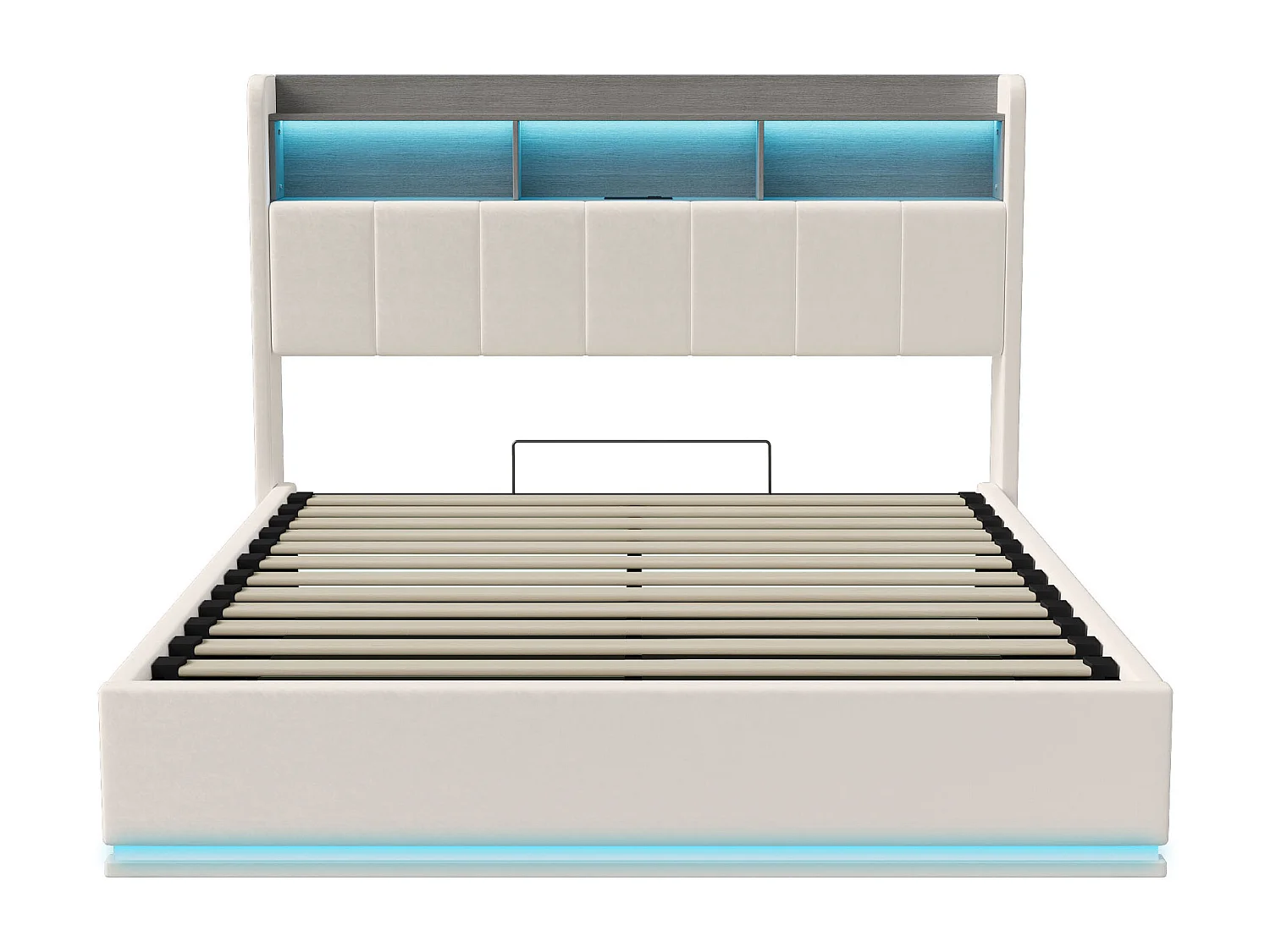 Lit double 140 x 190 cm avec rangement hydraulique, tête de lit avec LED et USB, revêtu de velours blanc, cadre en métal.