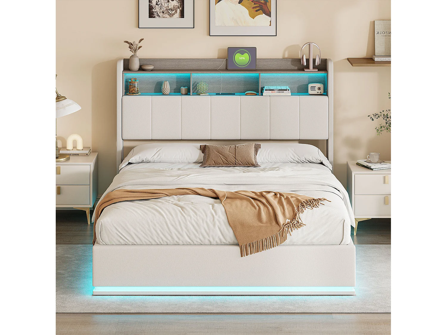 Lit double 140 x 190 cm avec rangement hydraulique, tête de lit avec LED et USB, revêtu de velours blanc, cadre en métal.