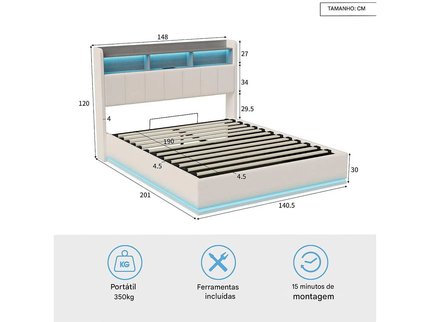Lit double 140 x 190 cm avec rangement hydraulique, tête de lit avec LED et USB, revêtu de velours blanc, cadre en métal.