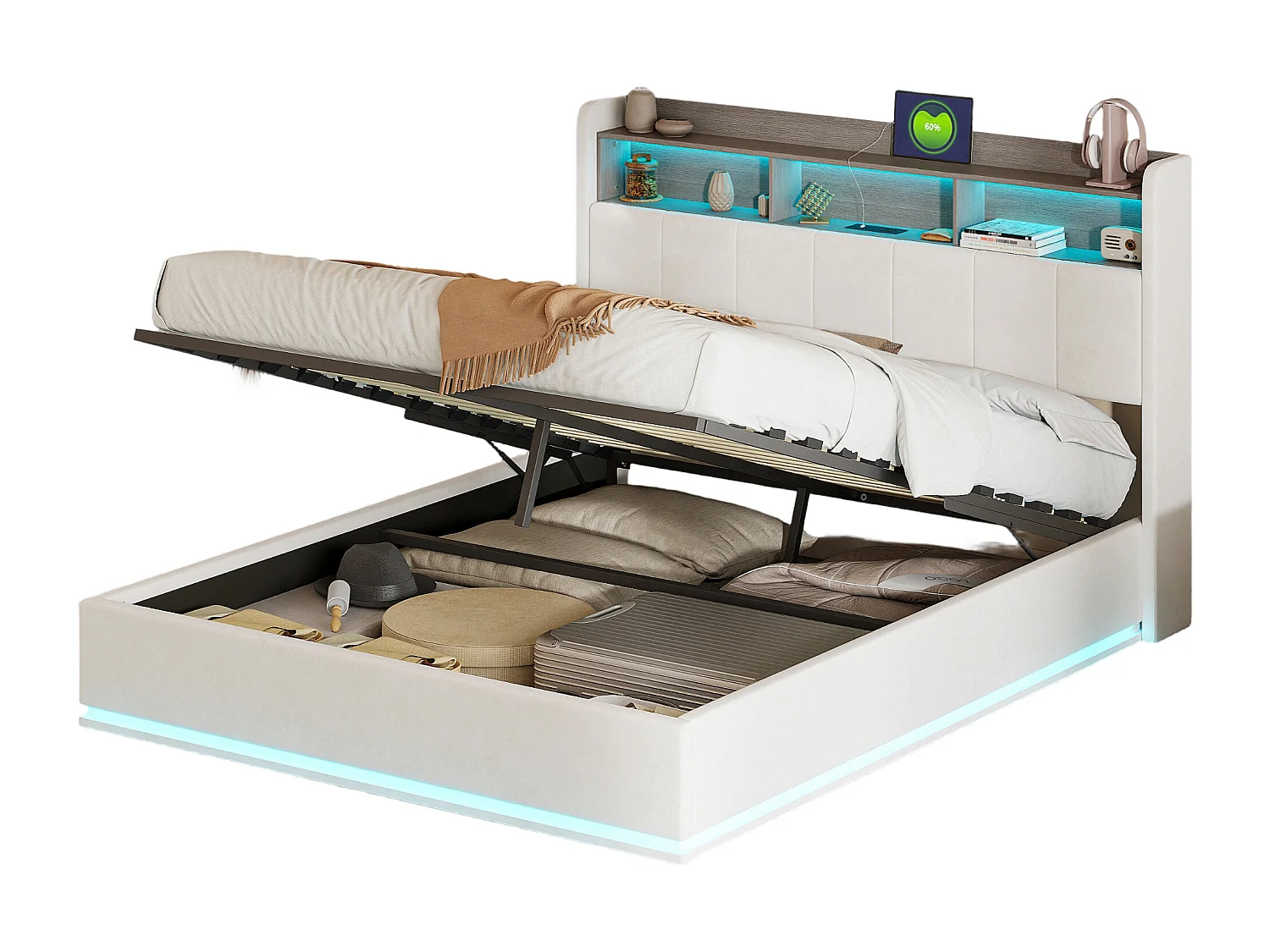 Lit double 140 x 190 cm avec rangement hydraulique, tête de lit avec LED et USB, revêtu de velours blanc, cadre en métal.
