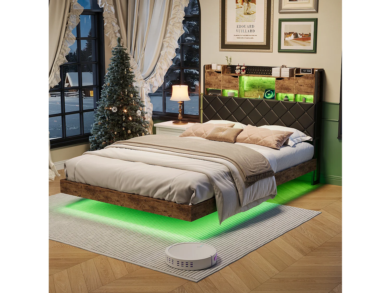 Lit adulte 140x200 cm - tête de lit avec rangement, lumières LED et adaptateur de prise.