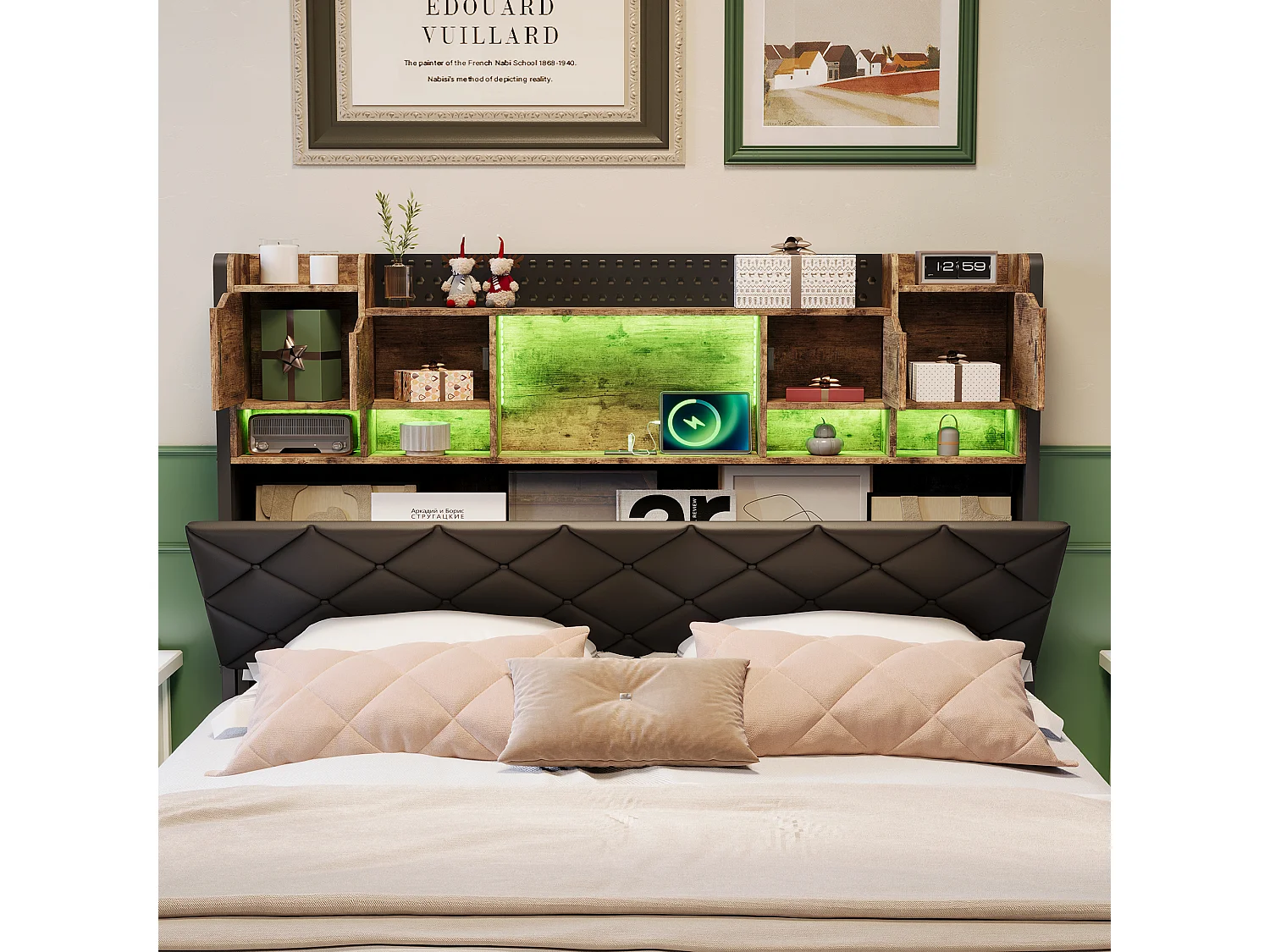 Lit adulte 140x200 cm - tête de lit avec rangement, lumières LED et adaptateur de prise.