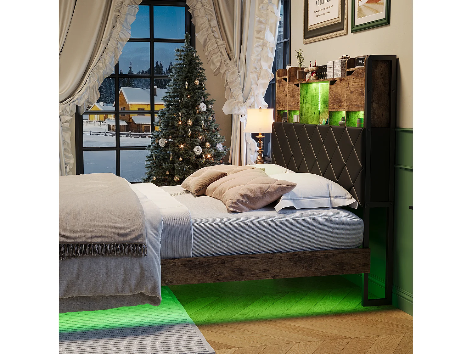 Lit adulte 140x200 cm - tête de lit avec rangement, lumières LED et adaptateur de prise.