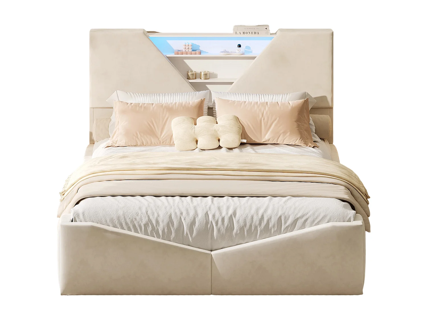 Lit 140 x 200 cm avec tête de lit triangulaire et espace de rangement, éclairage LED réglable, tissu velouté, style moderne et minimaliste - Beige