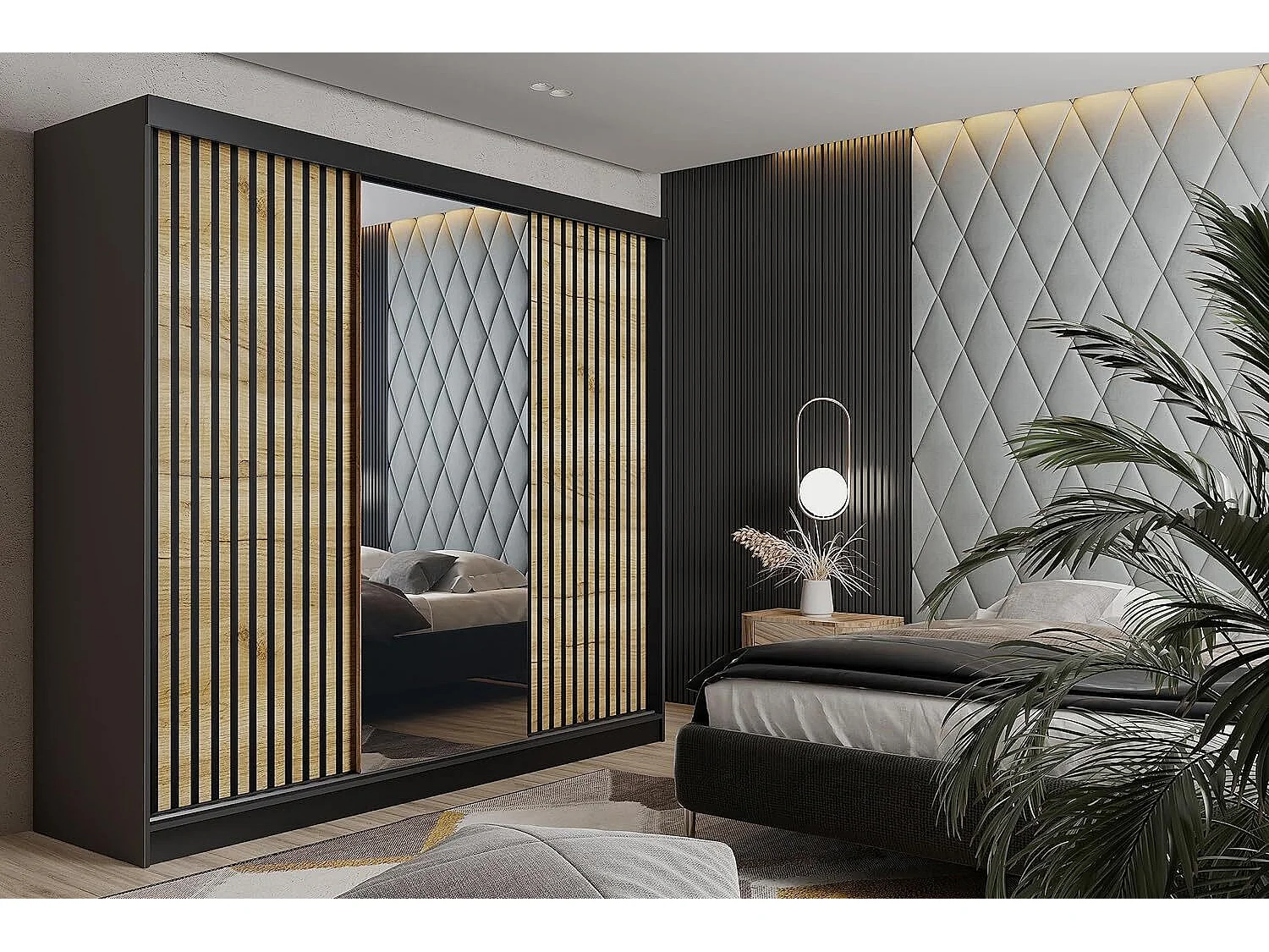 Schuifdeurkast met spiegel en lamellen MALANI 200 - Grafiet + Eiken Craft Goud