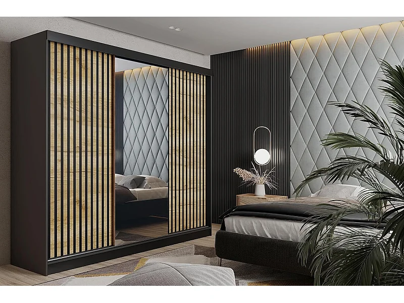 Armoire coulissante avec miroir et lames MALANI 200 - Graphite + Chêne Craft Doré