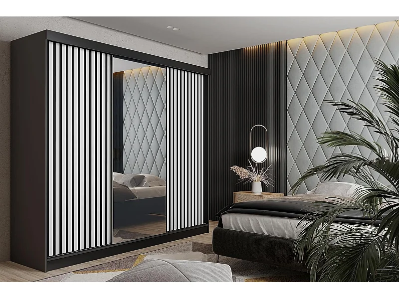 Schuifdeurkast met spiegel en lamellen MALANI 200 - Zwart + Wit