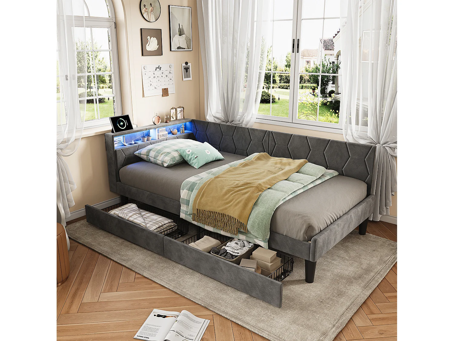 Lit 90x200 cm avec tête de lit, éclairage LED intégré, port USB, tiroir de rangement et sommier à lattes gris.