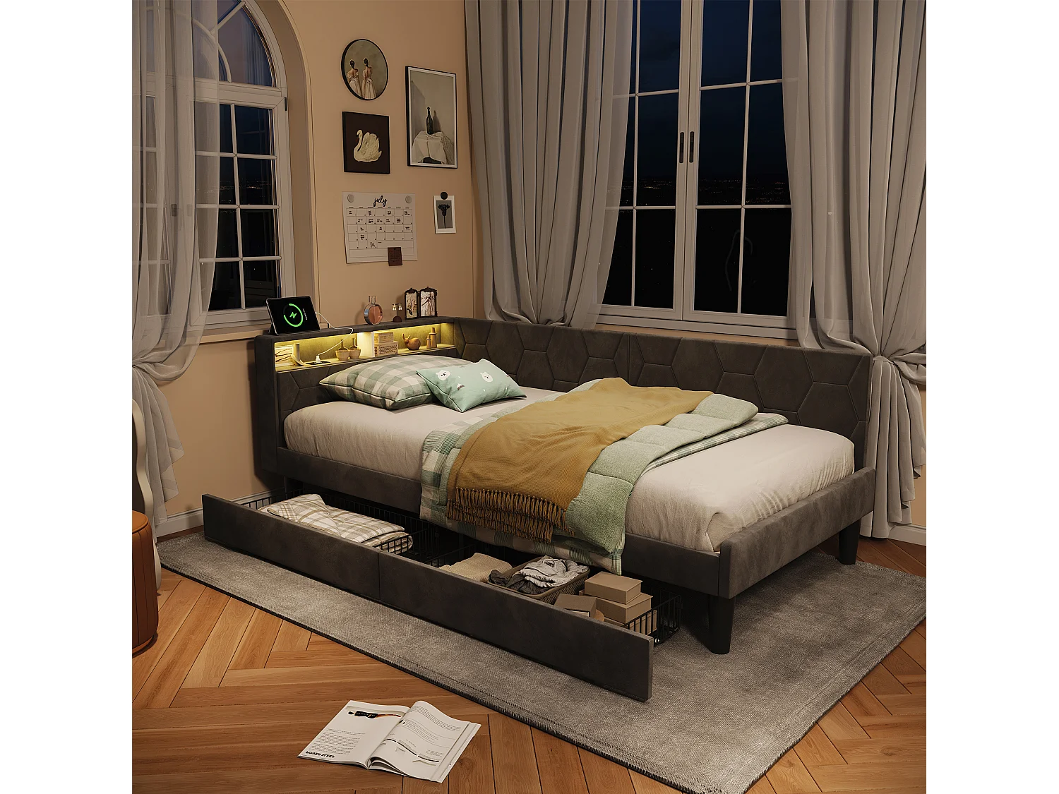 Lit 90x200 cm avec tête de lit, éclairage LED intégré, port USB, tiroir de rangement et sommier à lattes gris.