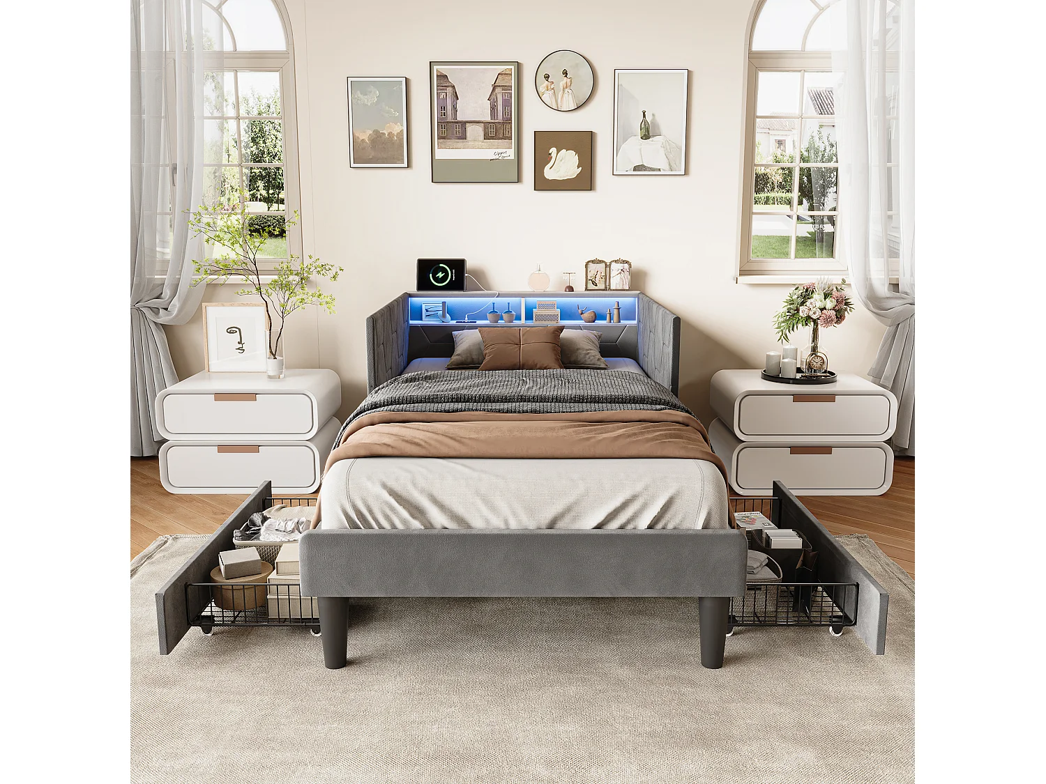 Lit 90x200 cm avec tête de lit, éclairage LED intégré, port USB, tiroir de rangement et sommier à lattes gris.