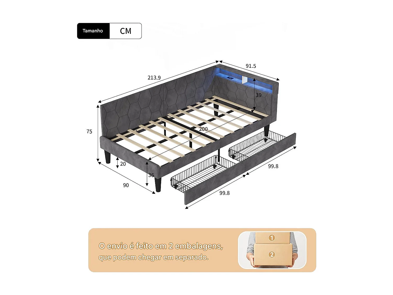 Lit 90x200 cm avec tête de lit, éclairage LED intégré, port USB, tiroir de rangement et sommier à lattes gris.