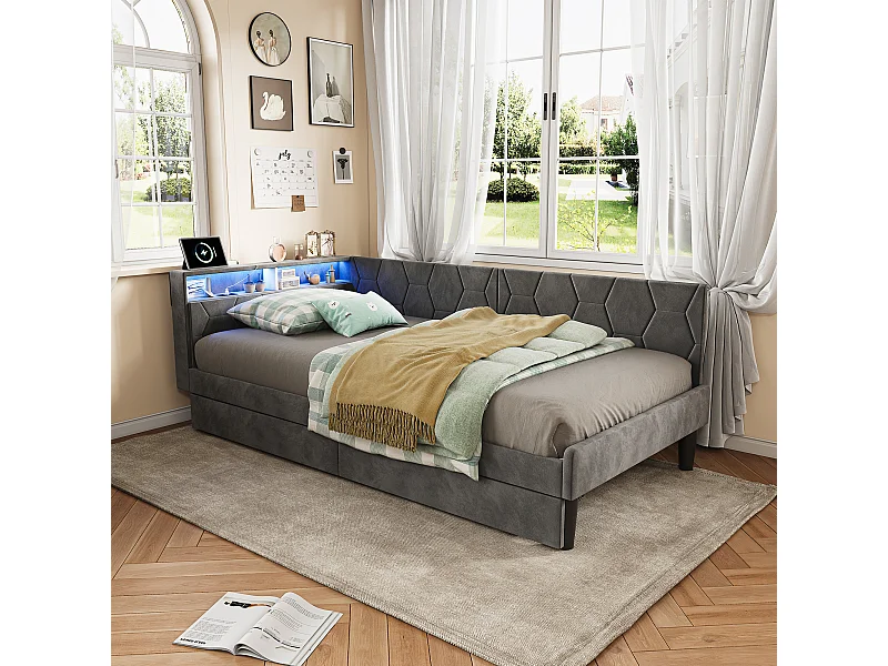 Lit 90x200 cm avec tête de lit, éclairage LED intégré, port USB, tiroir de rangement et sommier à lattes gris.