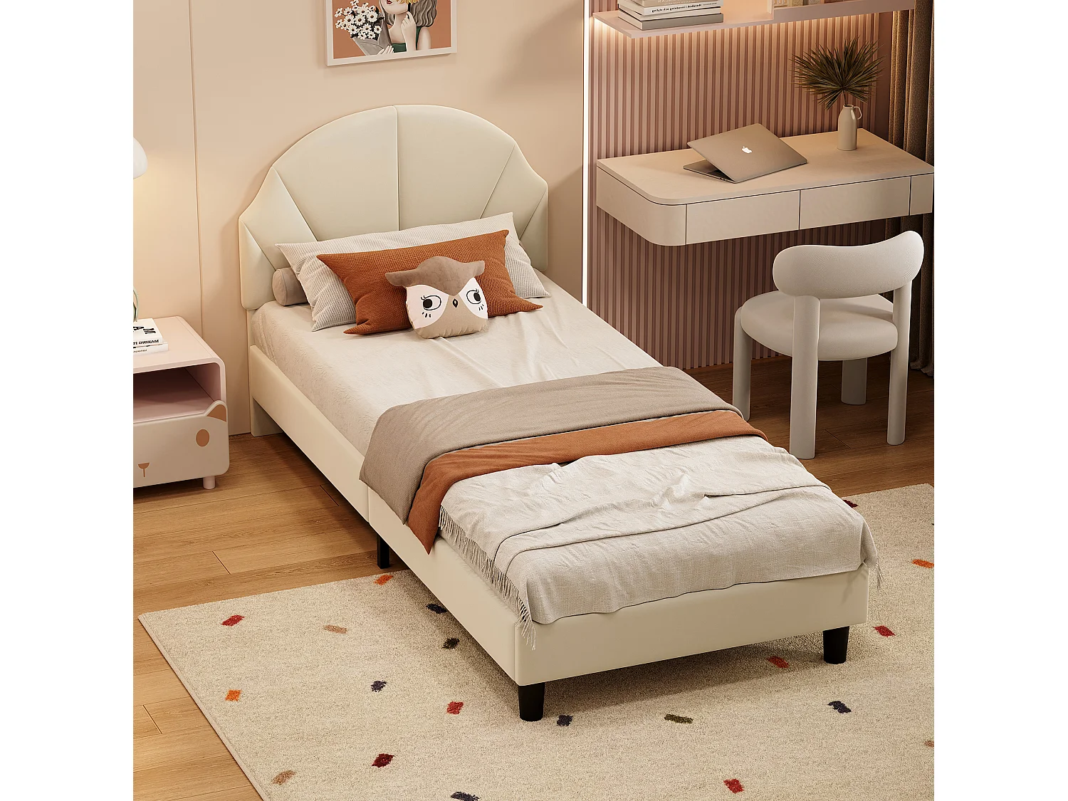Lit enfant 90x190cm, tête de lit réglable, en velours beige.