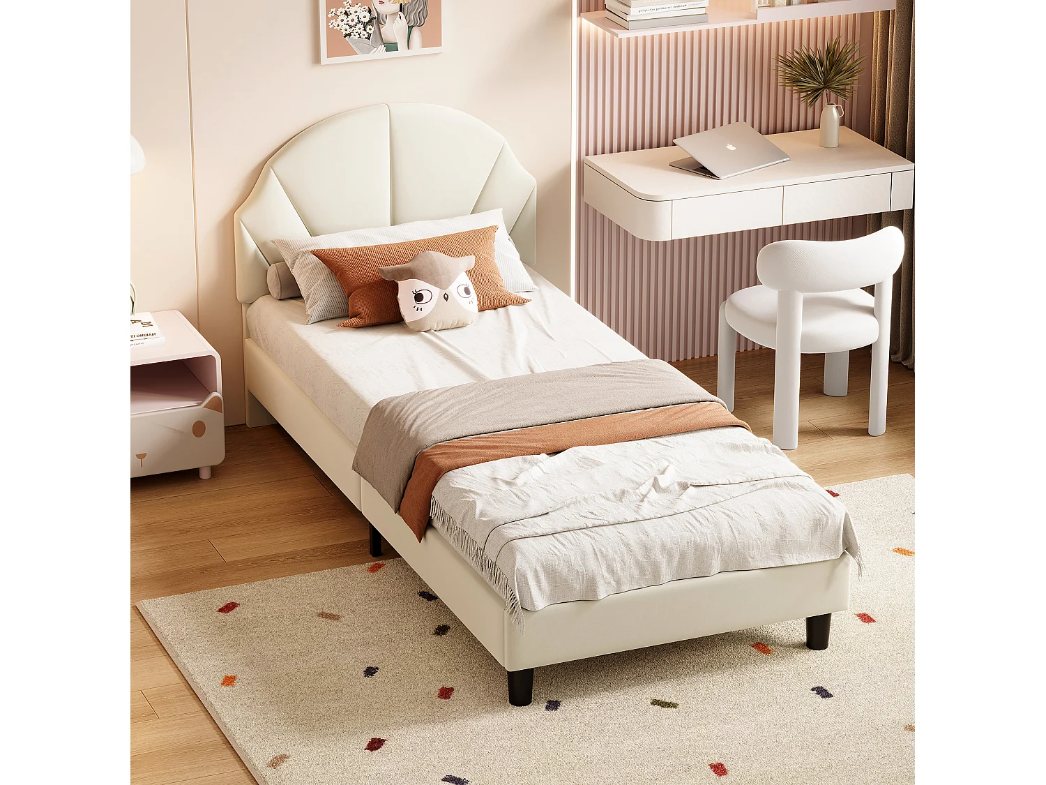 Lit enfant 90x190cm, tête de lit réglable, en velours beige.