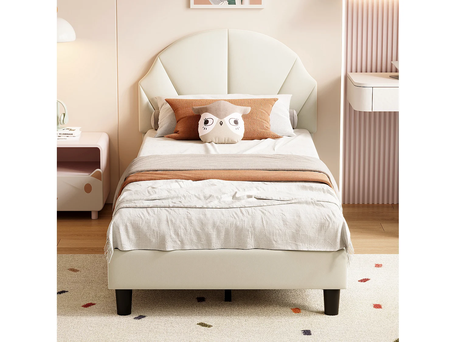 Lit enfant 90x190cm, tête de lit réglable, en velours beige.