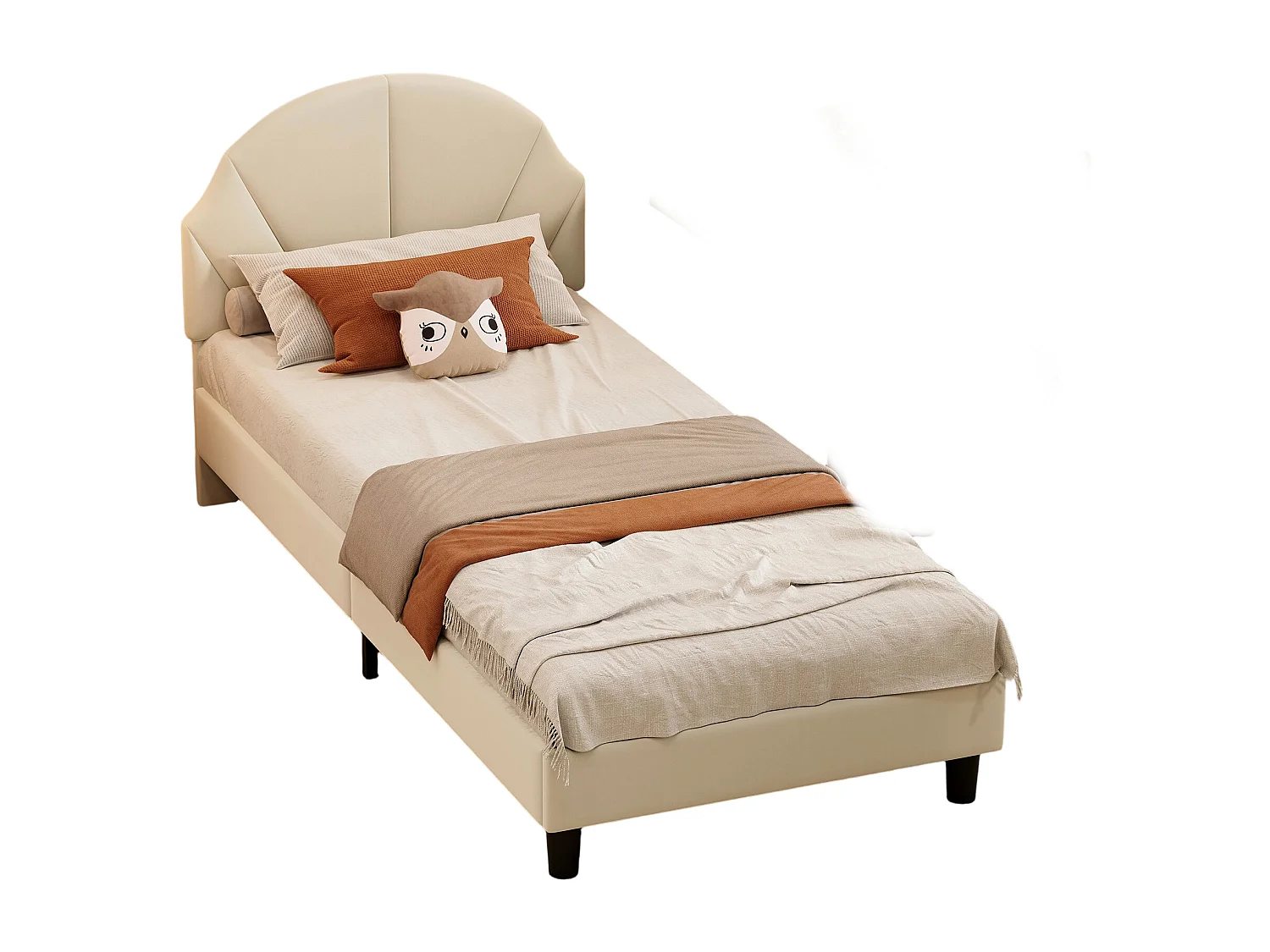 Lit enfant 90x190cm, tête de lit réglable, en velours beige.