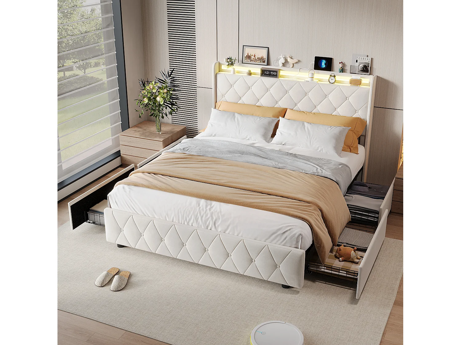 Lit double 160x200 avec tiroirs, lit adulte, lit rembourré, sommier à lattes, éclairage LED, chargement USB, beige