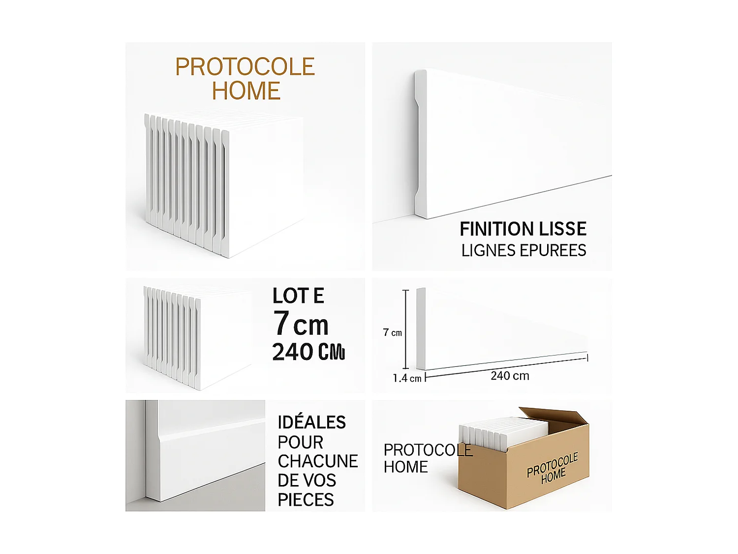 Protocole Home Plinthe polymère peignable 70 mm x 2400 mm, blanc mat, ép. 14 mm, finition décorative, adaptée aux pièces d'eau.