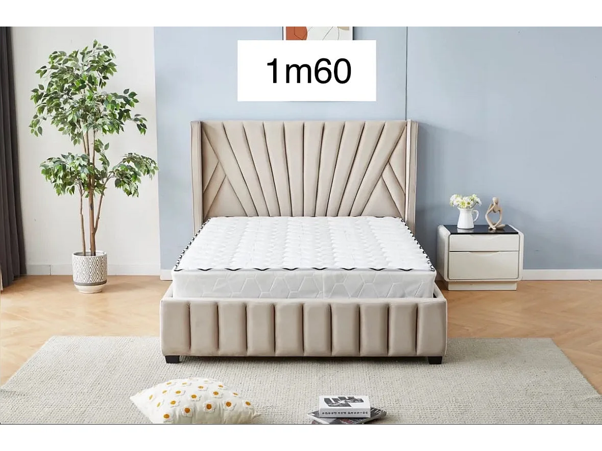 Protocole Home — Lit HATICE en velours 2 places (140x190 ou 160x200), tête de lit et sommier à lattes inclus, beige/gris/noir.