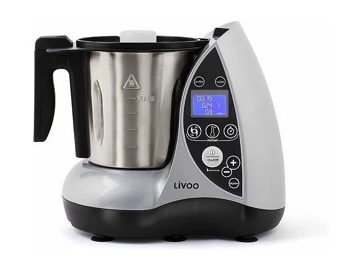 Robot de cocina con calefacción LIVOO DOP142G - Gris y metal, 12 funciones, bol de acero inoxidable de 3L, pantalla LCD, cuchilla de 4 hojas