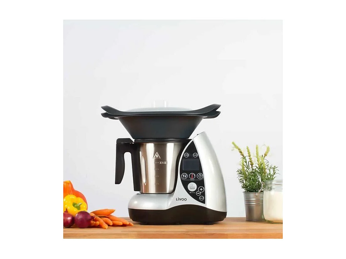 Robot de cocina con calefacción LIVOO DOP142G - Gris y metal, 12 funciones, bol de acero inoxidable de 3L, pantalla LCD, cuchilla de 4 hojas
