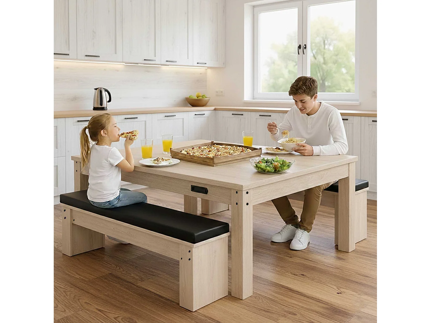 7-In-1 Games Table & Storage Benches x 2 - Oak